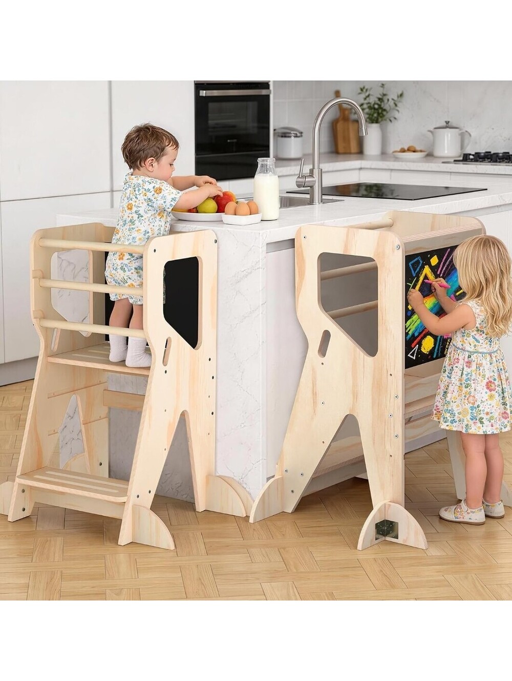 Toddler Standing Tower, Adjustable Wooden Kitchen Helper Stool with Blackboard